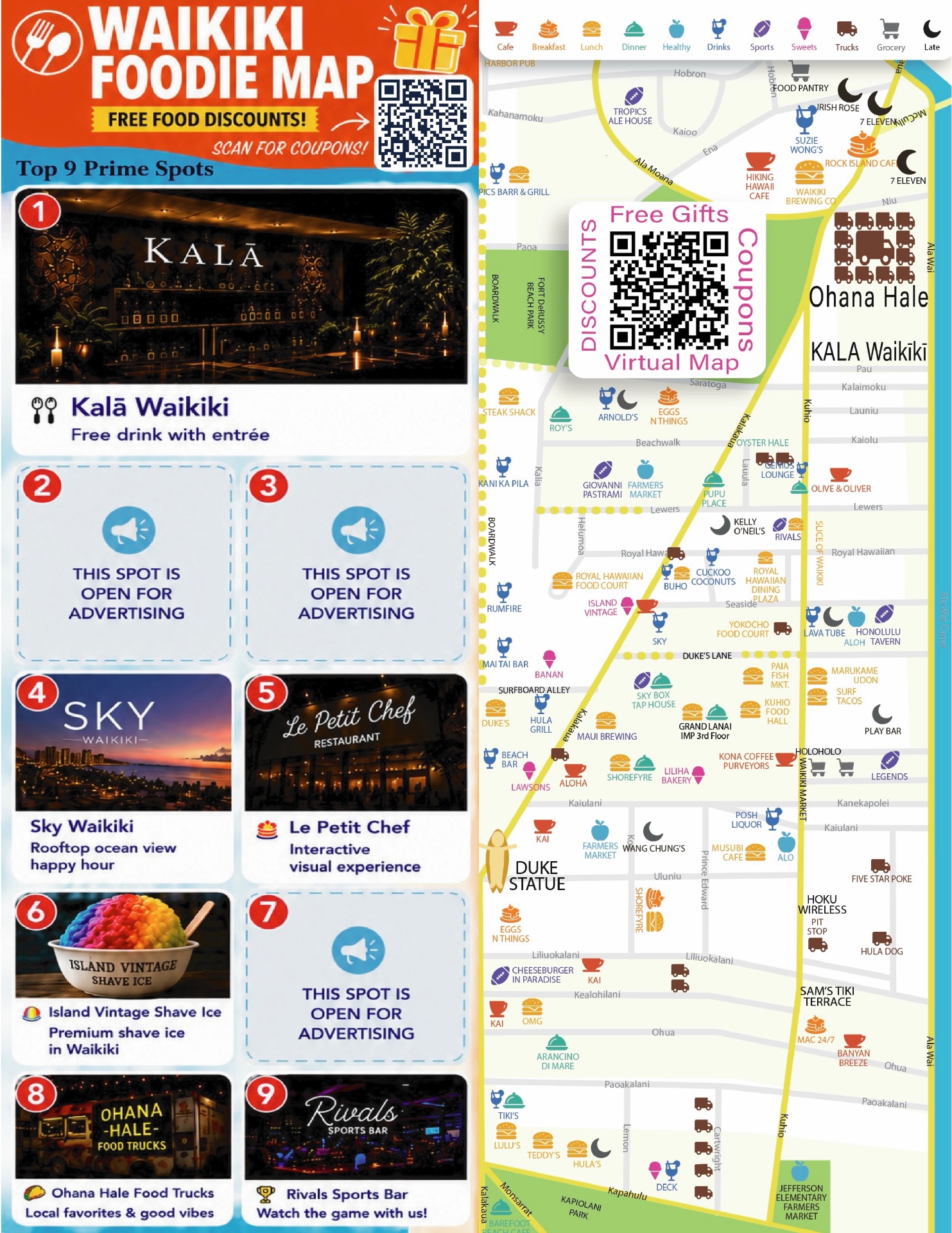 Waikiki Foodie Map showing restaurants, bars and shops
